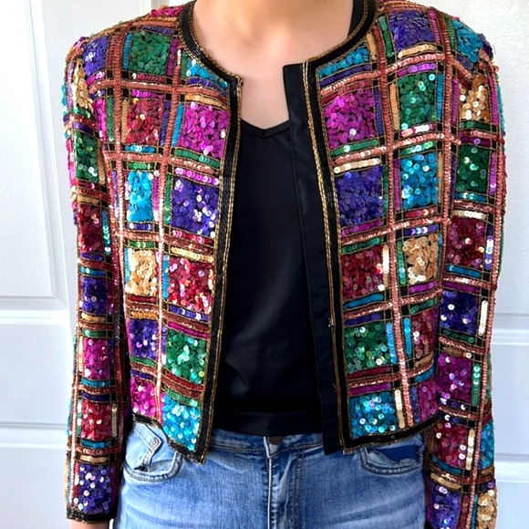Leslie Fay Jackets & Blazers - VINTAGE 80'S LESLIE FAY RAINBOW SEQUIN EVENING JACKET SIZE LARGE PETITE